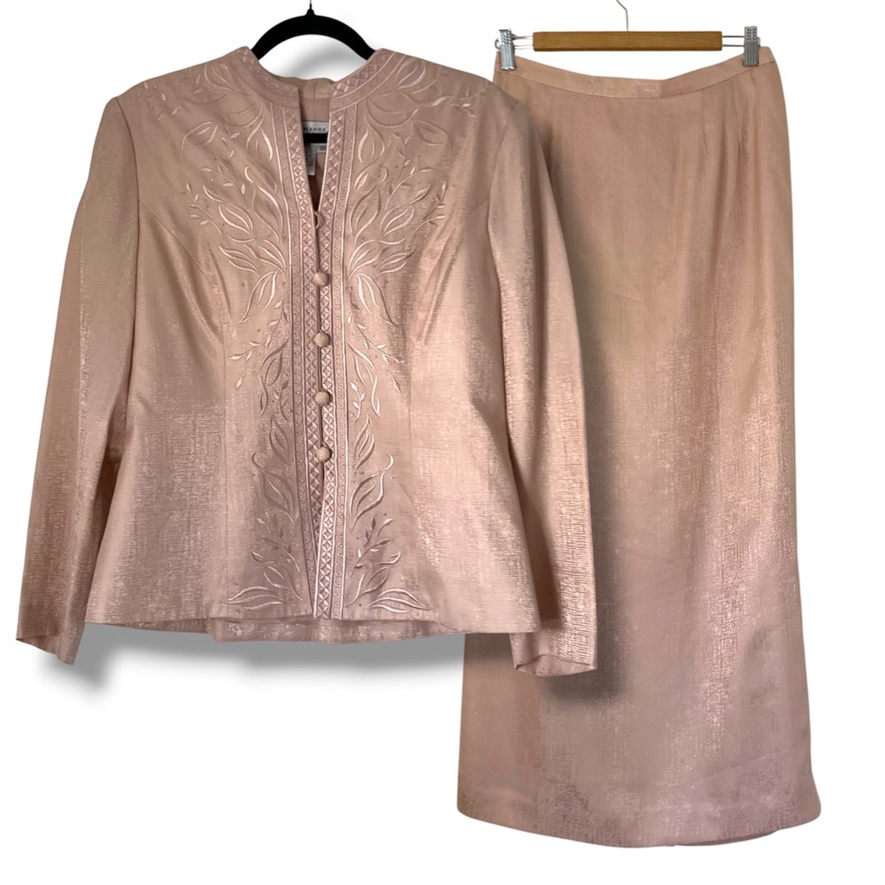 Adrianna Papell Skirt Suit Womens 12 Pink Silk Embroidered Floral Formal Elegant
